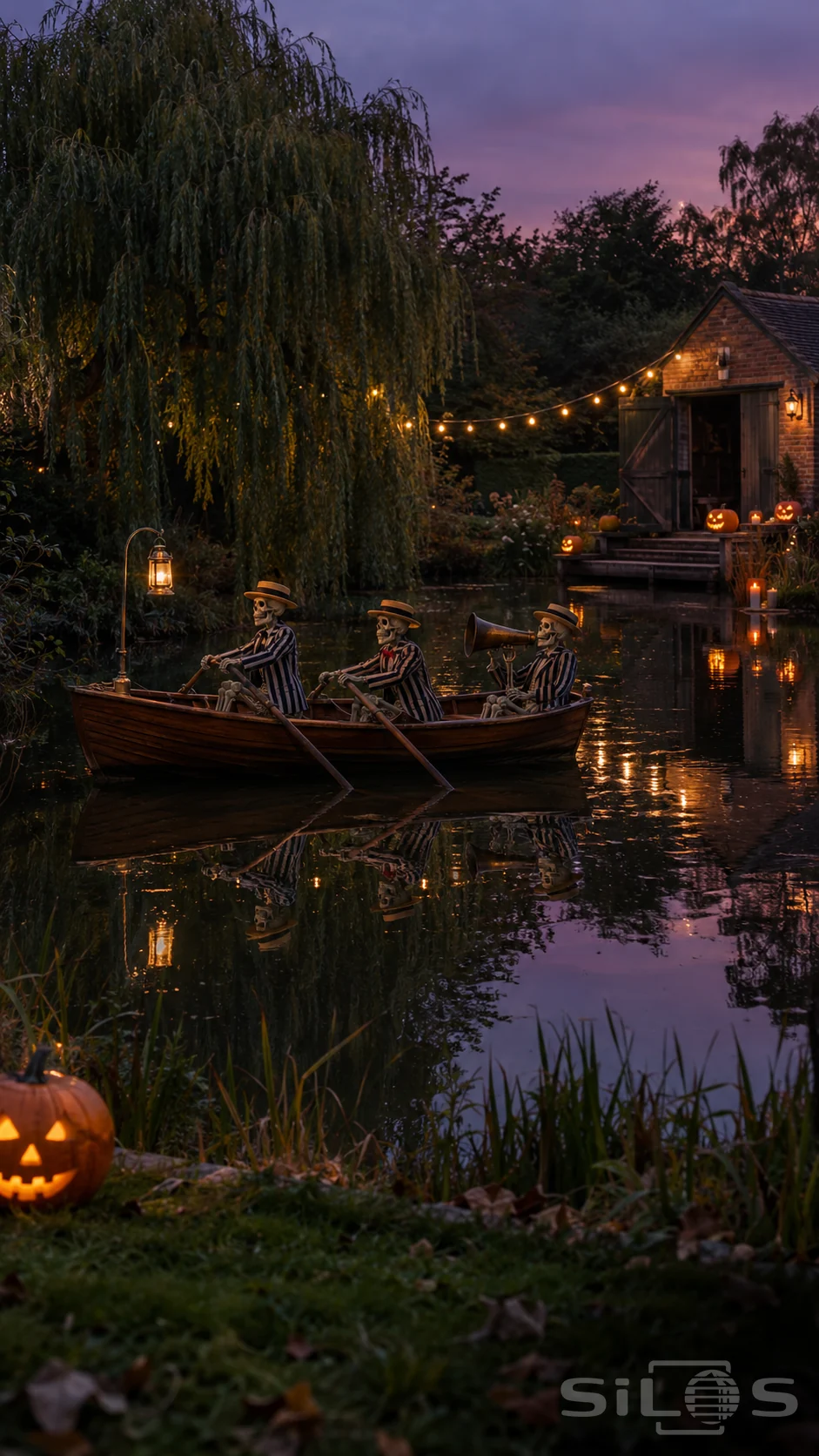Three skeleton figures in striped blazers and straw hats sit in a wooden rowing boat near a pumpkin-decorated brick boathouse.