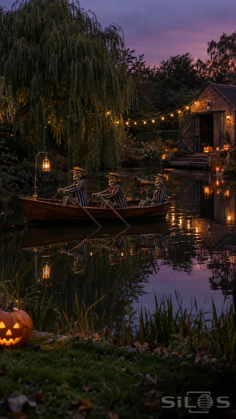 Three skeleton figures in striped blazers and straw hats sit in a wooden rowing boat near a pumpkin-decorated brick boathouse.