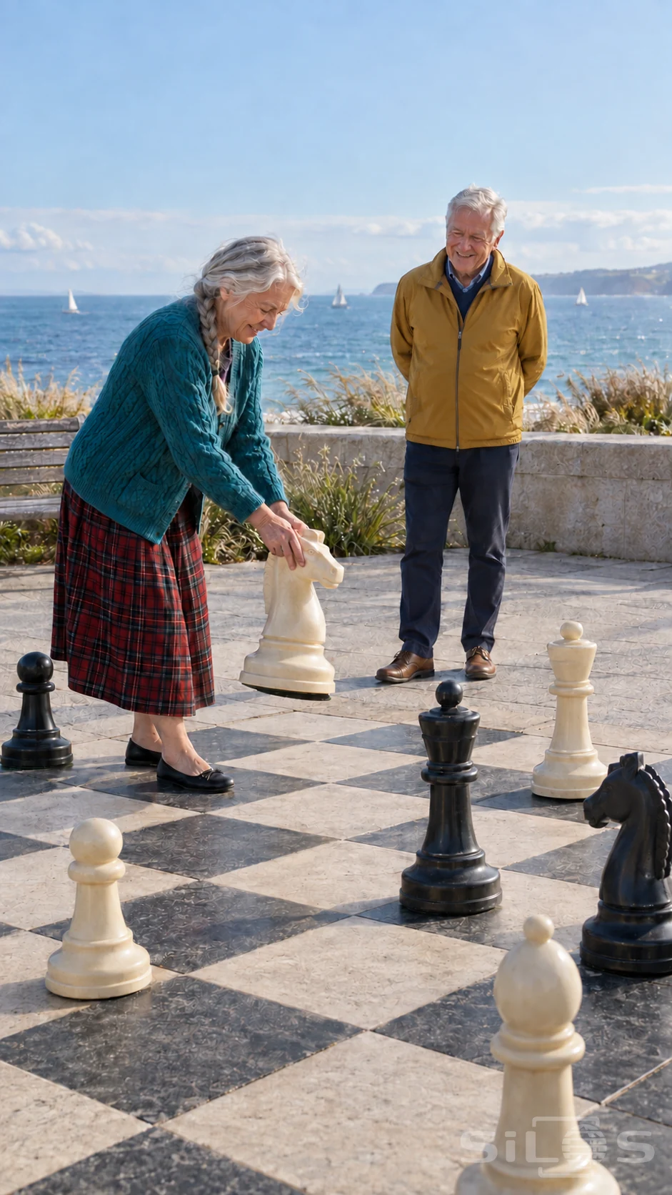 A woman in a red tartan skirt moves a cream knight during giant chess with a neighbor on a sunny seafront terrace.