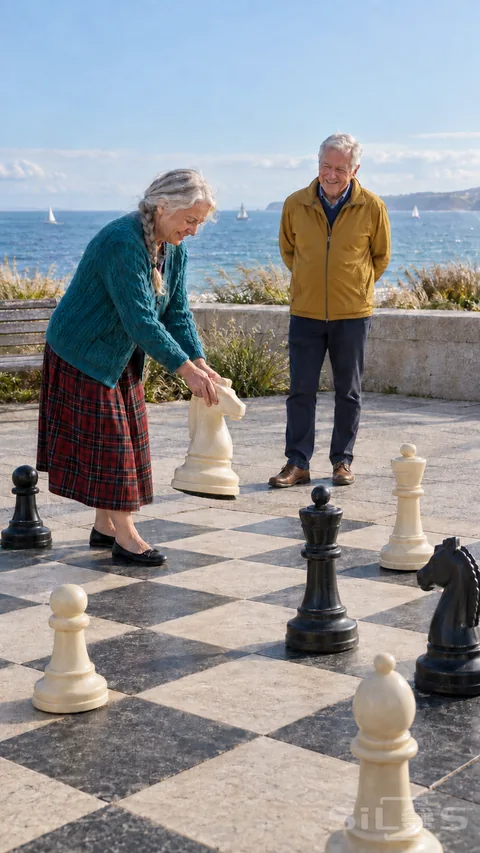 A woman in a red tartan skirt moves a cream knight during giant chess with a neighbor on a sunny seafront terrace.