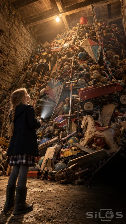 A girl in a navy coat shines a flashlight at a huge heap of old kites; balls; wagons and toys in a stone cellar.