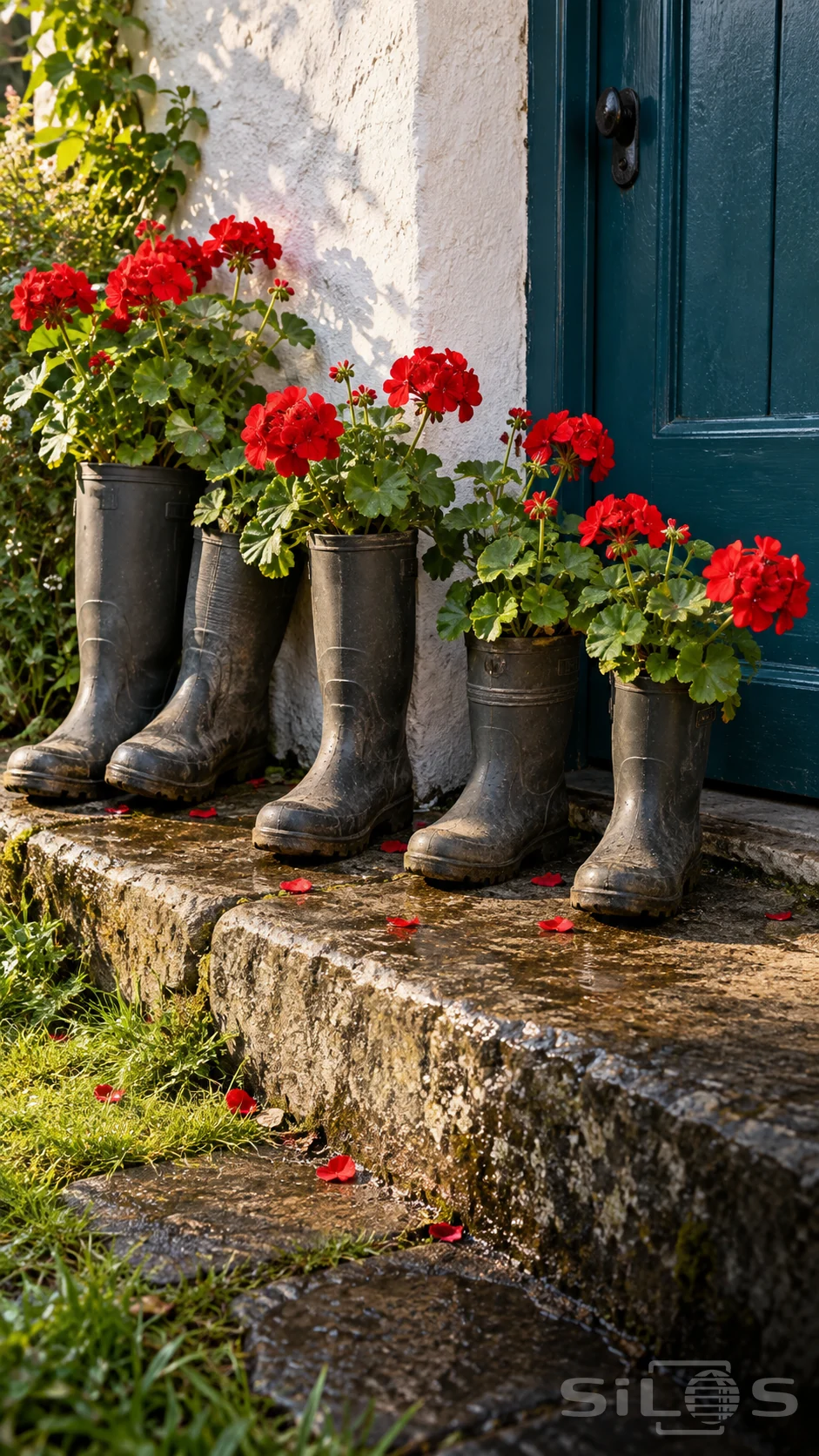 Red geraniums and green leaves grow from five dark rubber boots on a damp stone step beside a teal door and white wall.