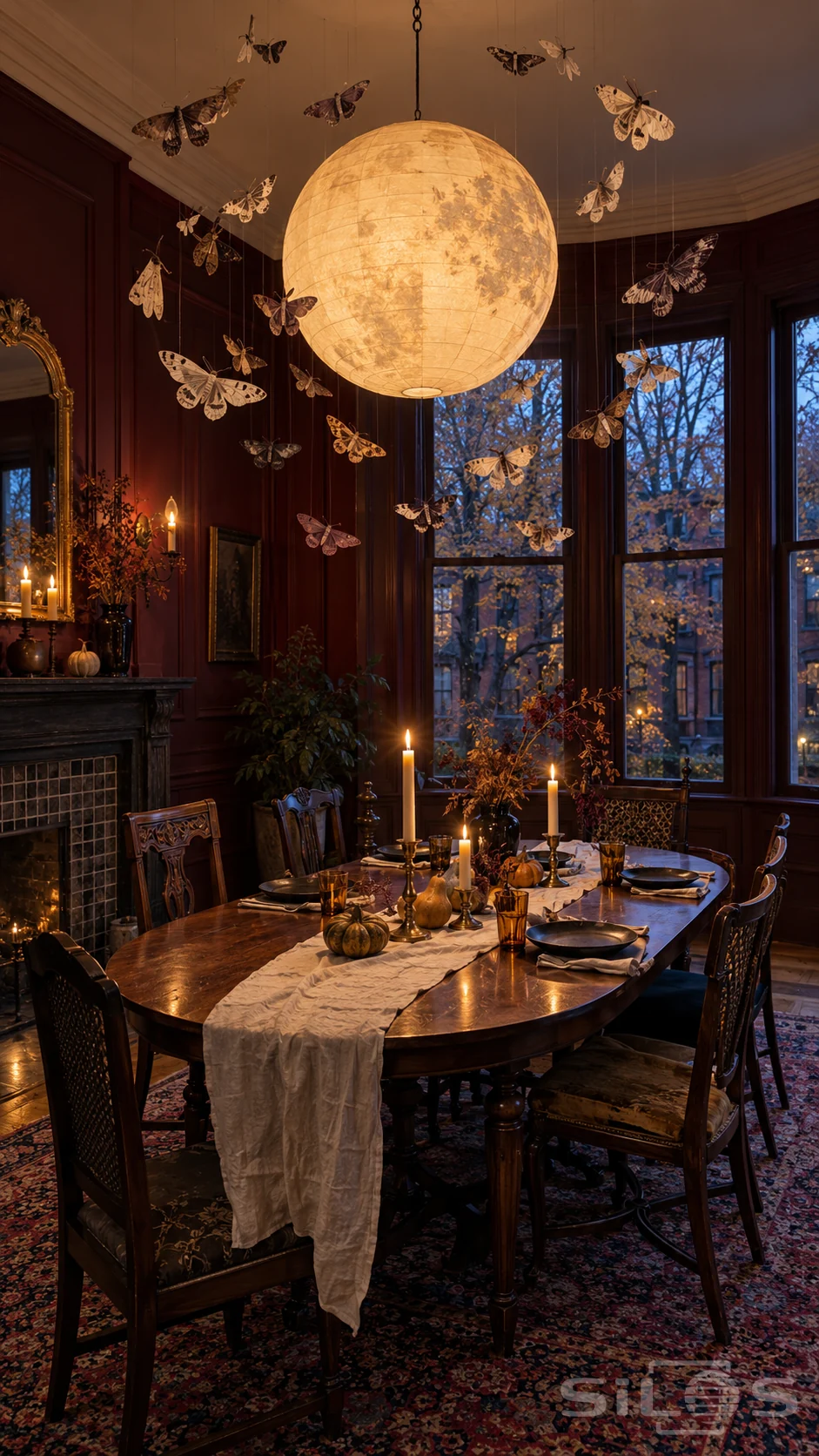 Paper moths hang around a glowing moon lantern above a set walnut table in a candlelit Halloween dining room.