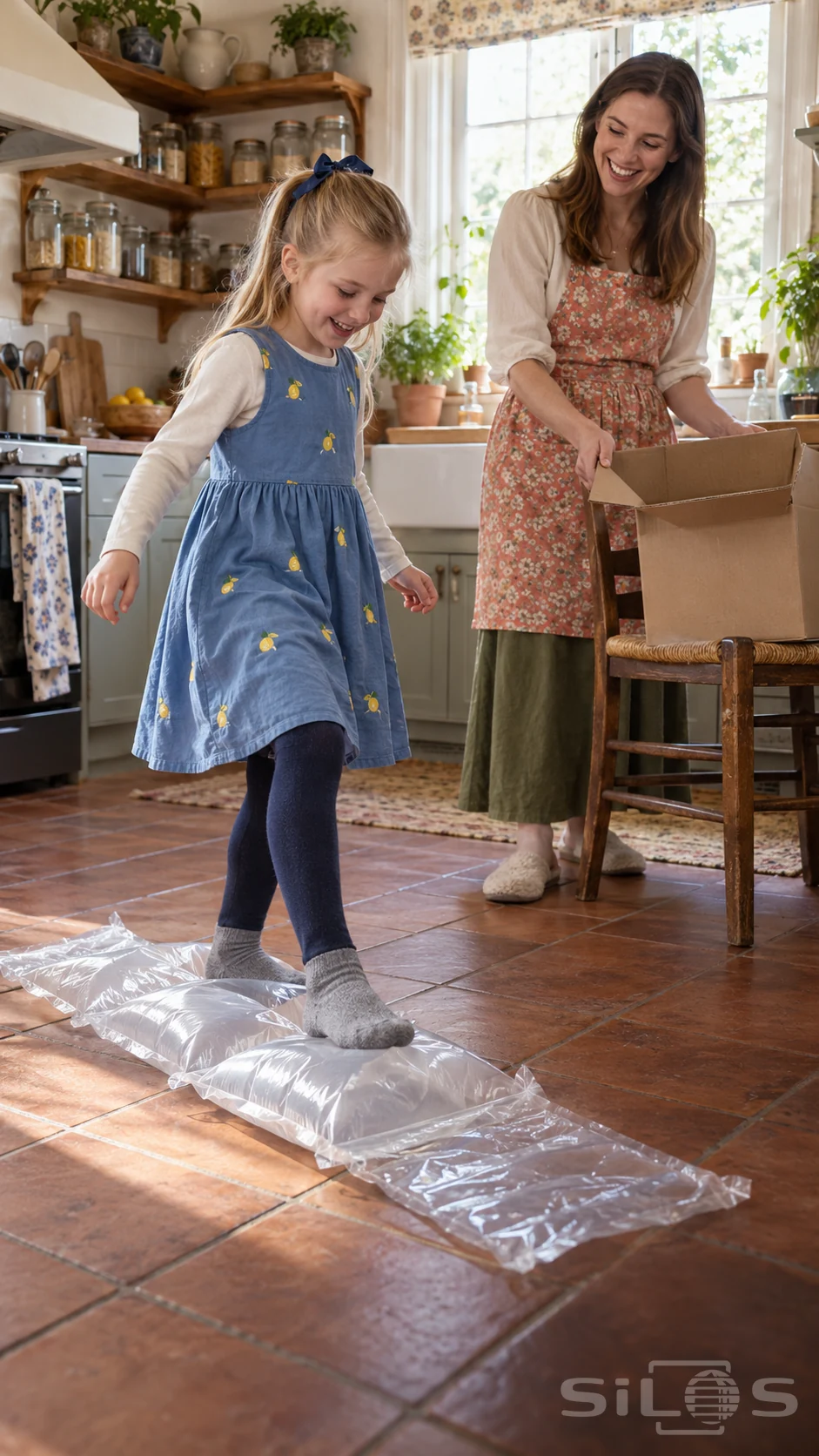 Air pillow play with a girl in a blue lemon-patterned dress stepping on clear packaging as her mother holds an empty box nearby.