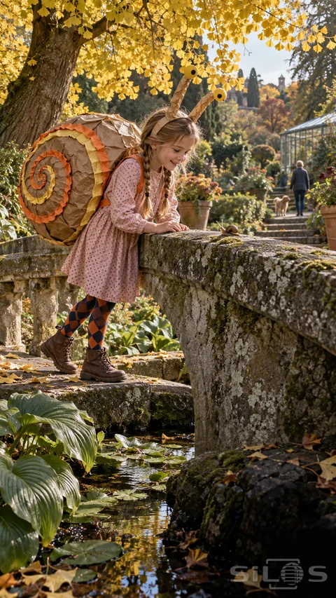 A girl in a paper snail costume pauses on a stone garden bridge beneath golden autumn trees.
