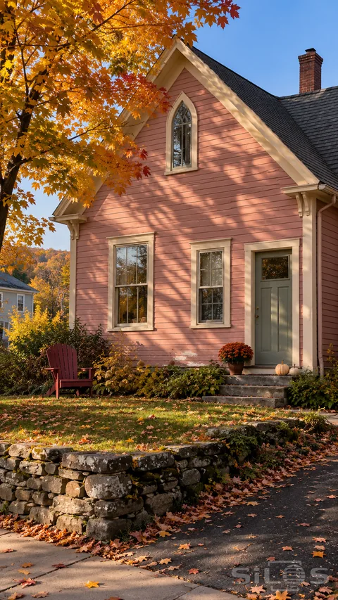 A pink gabled house with cream trim and a sage door stands behind a low stone wall under maple shadows.