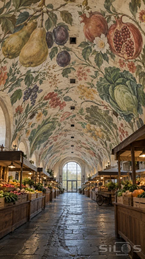 A long covered market has a barrel-vaulted ceiling painted with huge pears and pomegranates above wooden produce stalls.