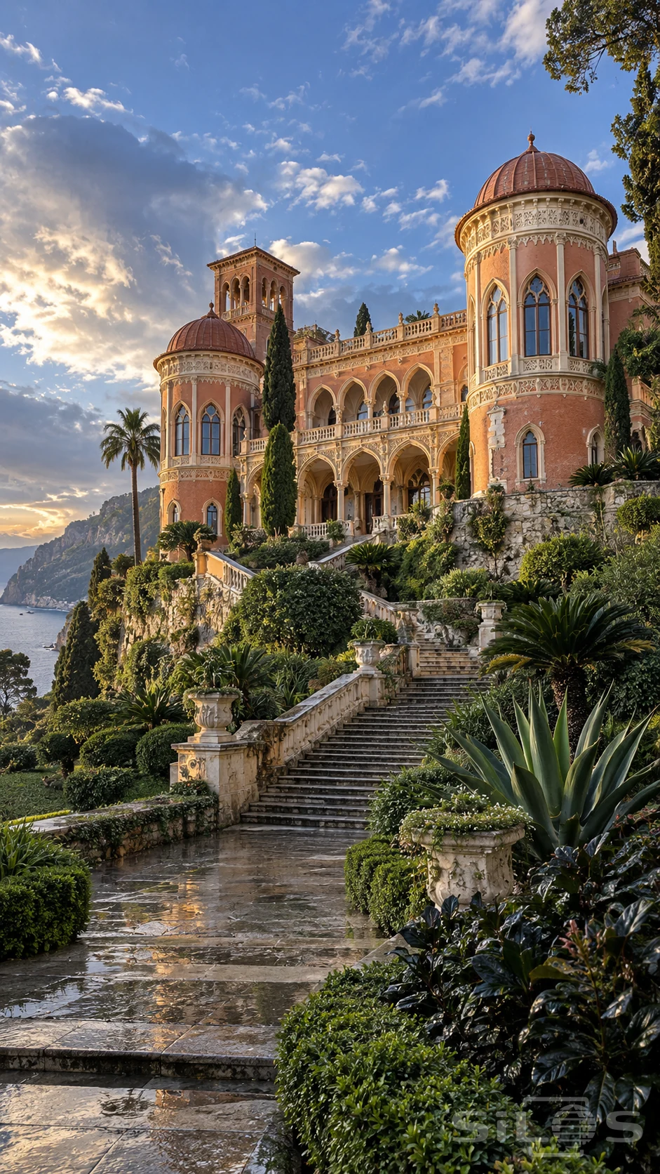 A coral palace with domed towers and cream arcades rises above wet garden stairs, sculptural planting and a blue sea.