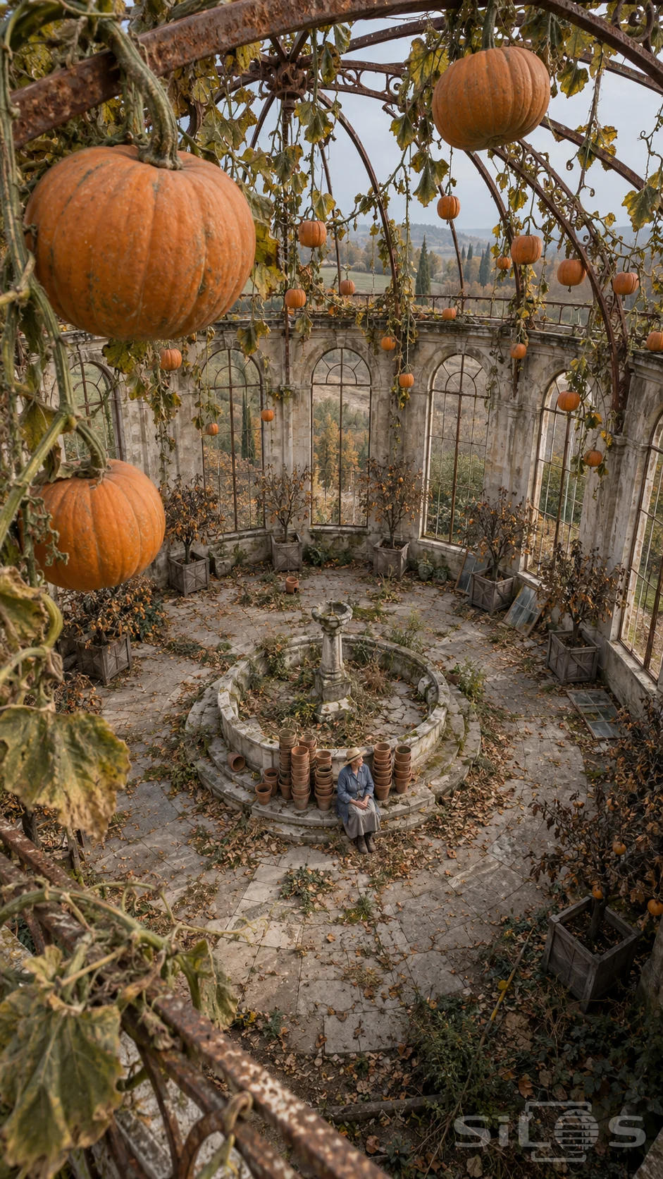 An elderly gardener sits by stacked clay pots beneath pumpkins hanging from the bare iron ribs of a roofless orangery.