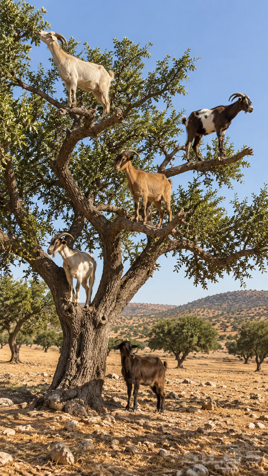 Five argan tree goats stand on branching limbs and at the tree's base in a dry orchard beneath a blue sky.