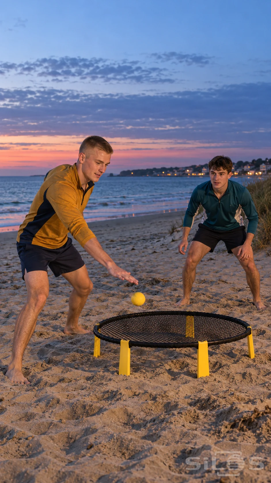 Two young men follow a yellow ball during a roundnet rally on a sandy beach at blue hour.