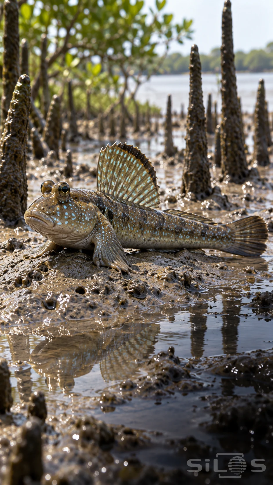 A mudskipper rests on wet mud with a raised fan-shaped dorsal fin, protruding eyes and mangrove roots behind it.