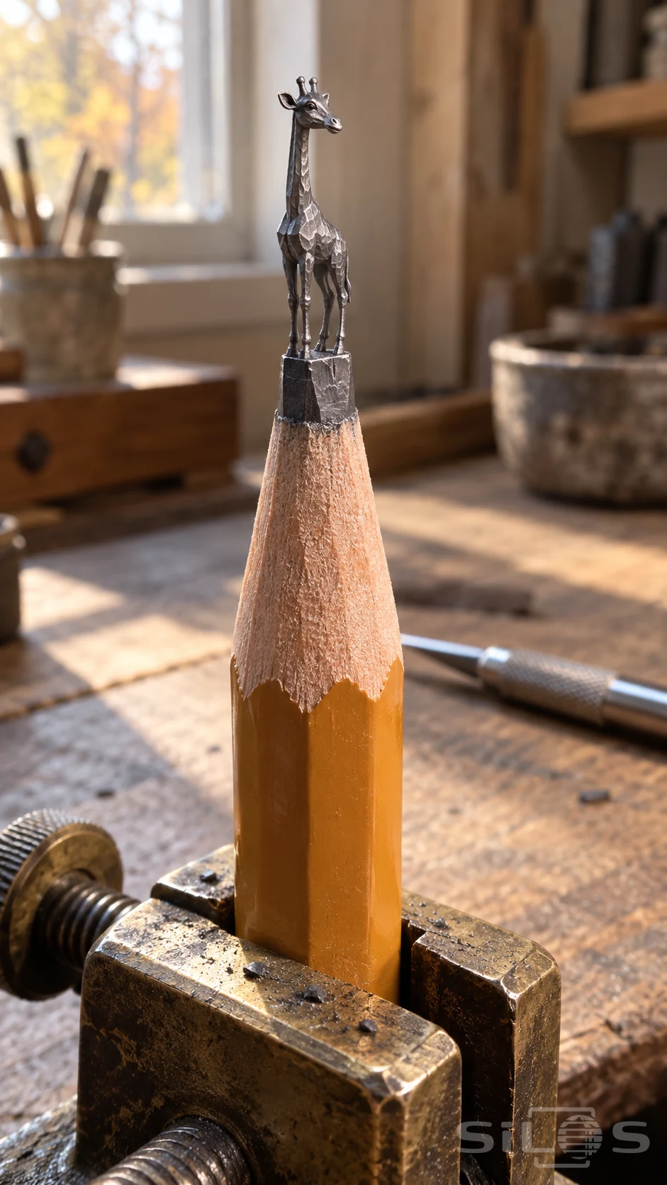 Tiny giraffe carved from the graphite tip of an ochre pencil held upright in a worn brass workshop clamp.