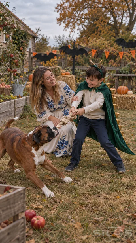 Dragon costume dog play as a boy holds a rope toy opposite a boxer while his smiling mother kneels beside him in an autumn garden.