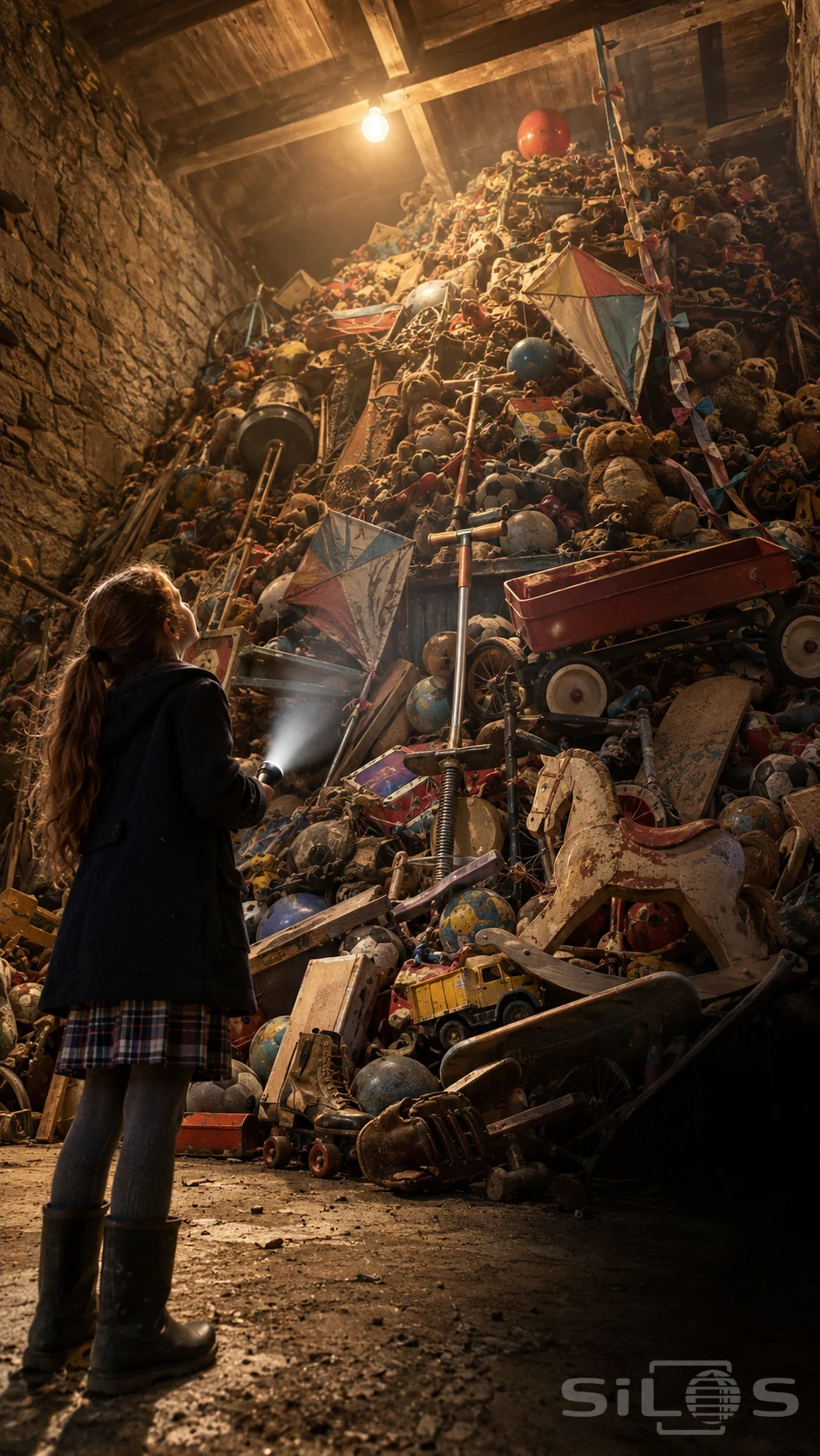 A girl in a navy coat shines a flashlight at a huge heap of old kites, balls, wagons and toys in a stone cellar.