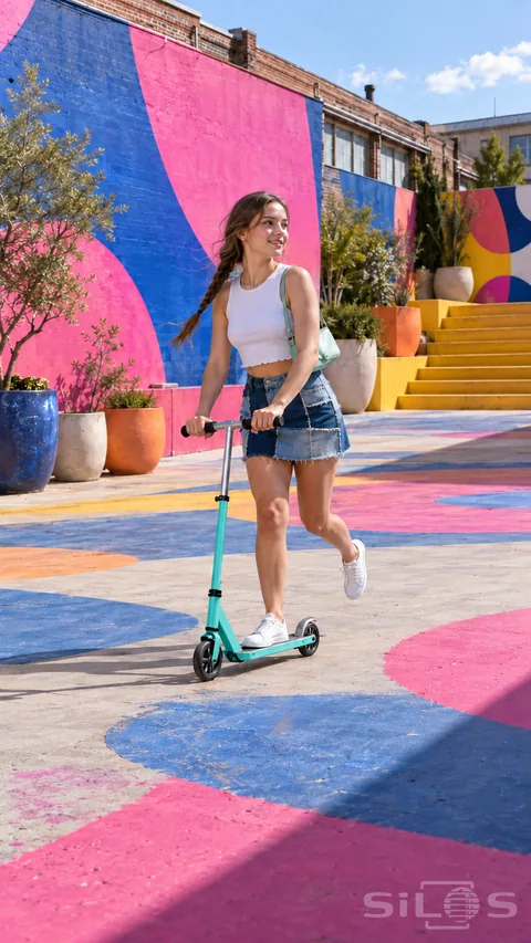 A woman in a patchwork skirt rides a turquoise scooter through a courtyard with pink walls and yellow stairs.