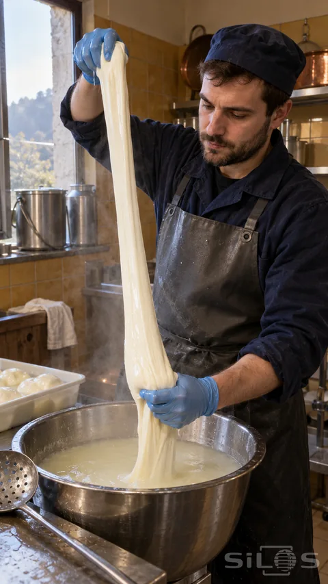 A cheesemaker stretches fresh mozzarella between blue-gloved hands over a stainless steel bowl of whey.