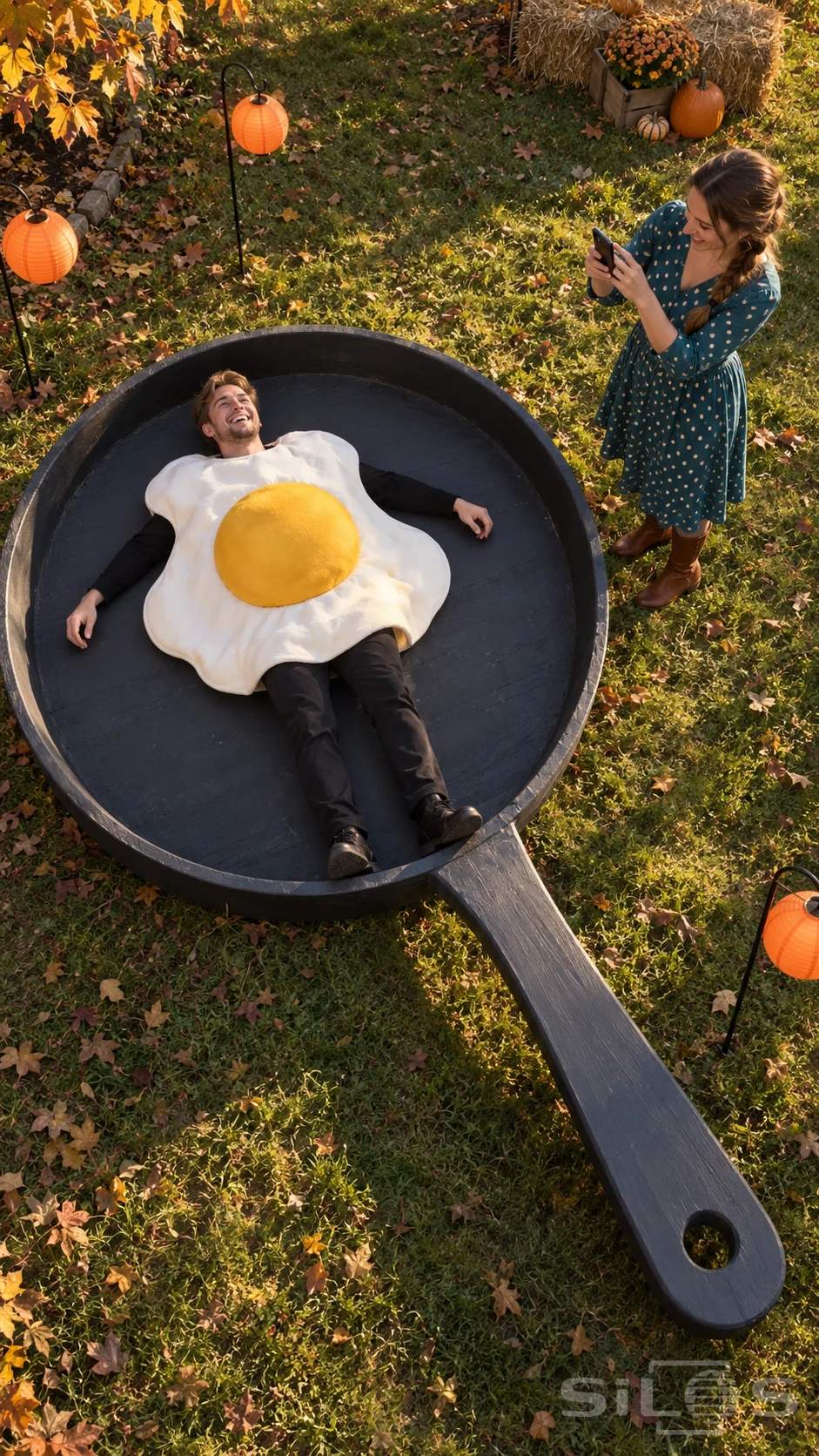 A laughing adult in a fried egg costume lies in a giant wooden frying pan while a friend photographs him among autumn lanterns.
