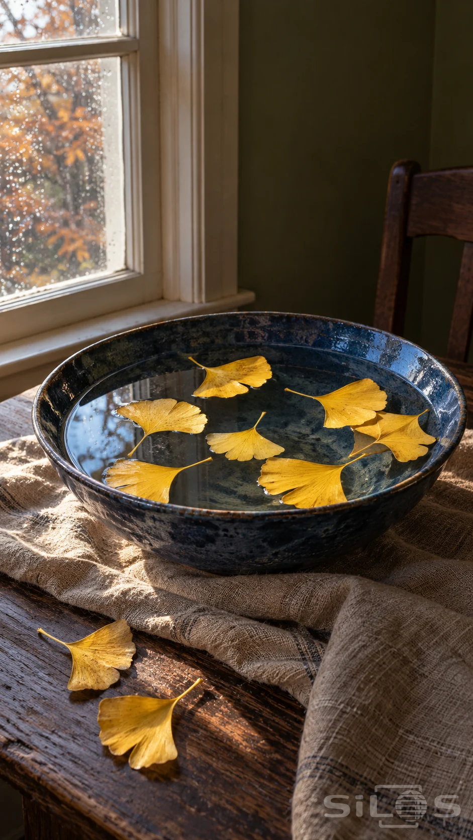 Golden ginkgo leaves float in an indigo bowl of water on coarse linen beside a rain-speckled window and dark green wall.