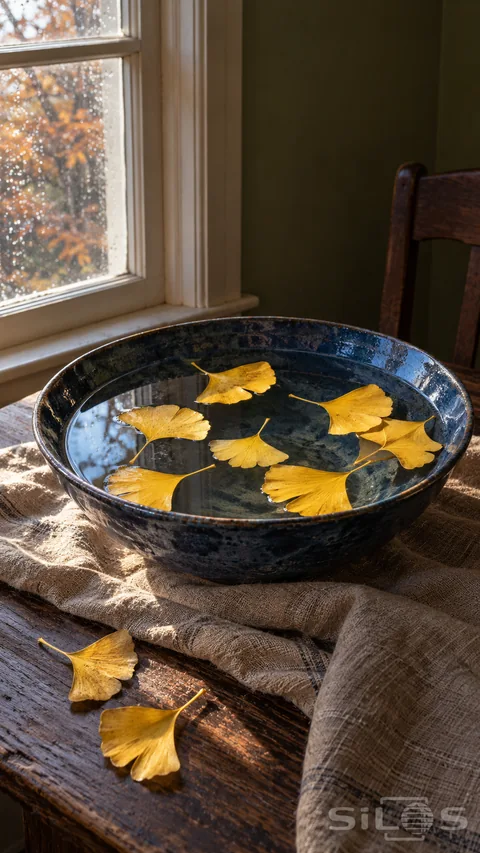 Golden ginkgo leaves float in an indigo bowl of water on coarse linen beside a rain-speckled window and dark green wall.