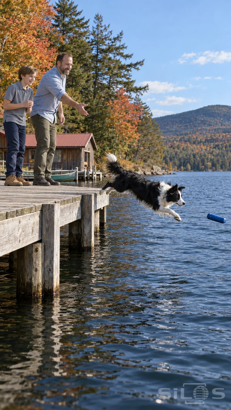 Dock diving dog leaps after a blue fetch bumper while a father and son watch from a wooden lake dock.