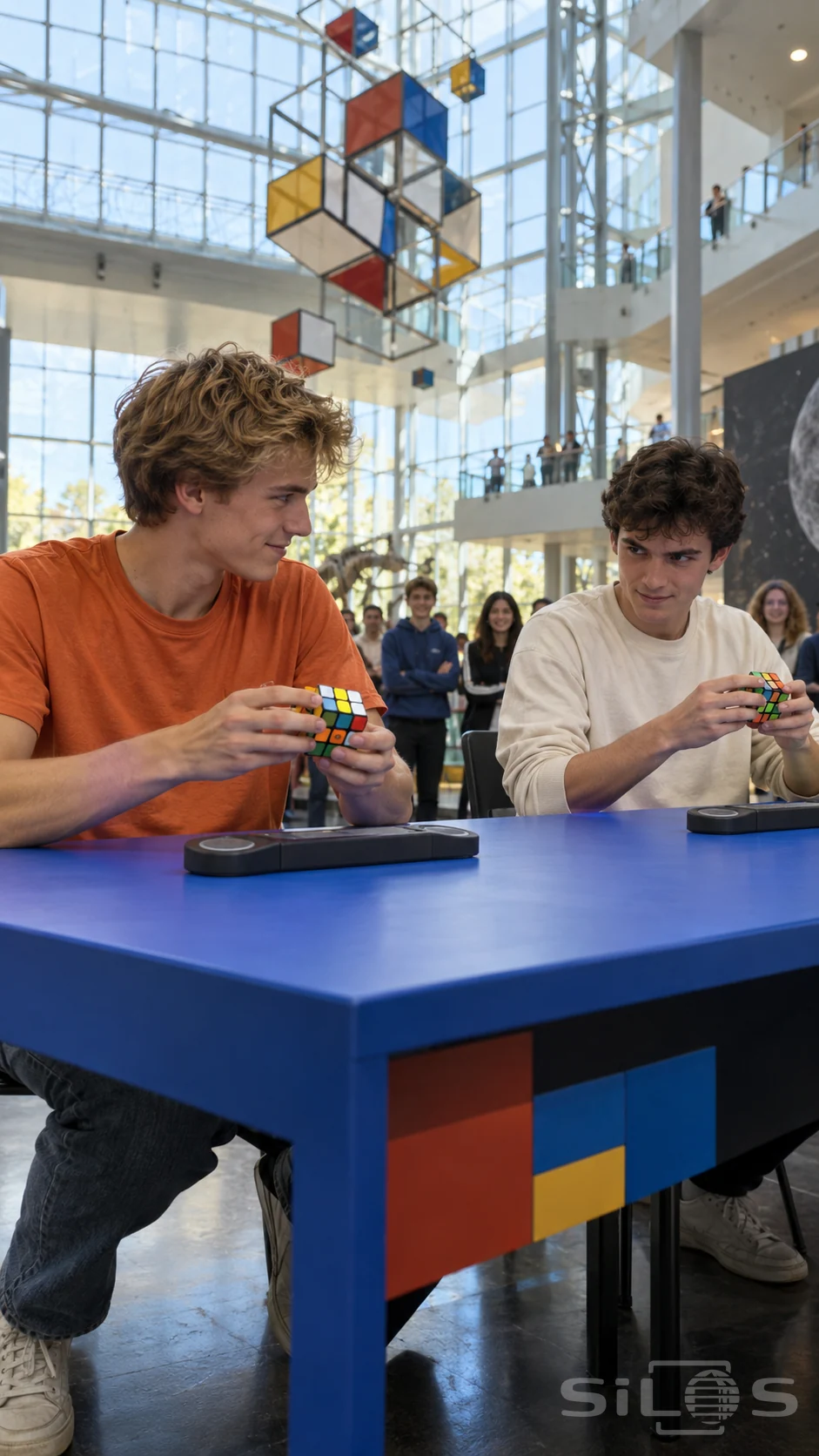 Two young adult speed cubers turn colored cubes at a blue table beneath hanging geometric forms in a bright museum atrium.
