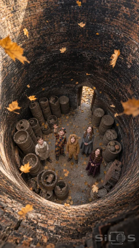 Five fully dressed children in costumes stand separately on the floor of a tall old brick kiln beneath falling golden leaves.