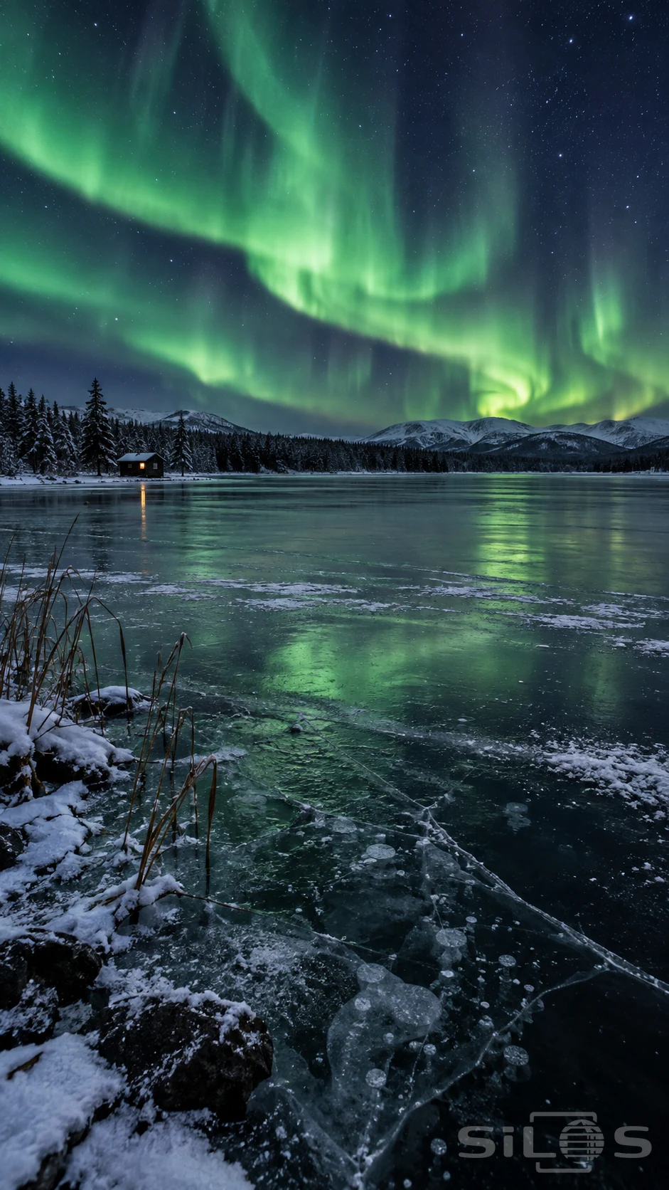 Green northern lights hang above a frozen lake, a snow-covered timber hut and a spruce on the far shore.