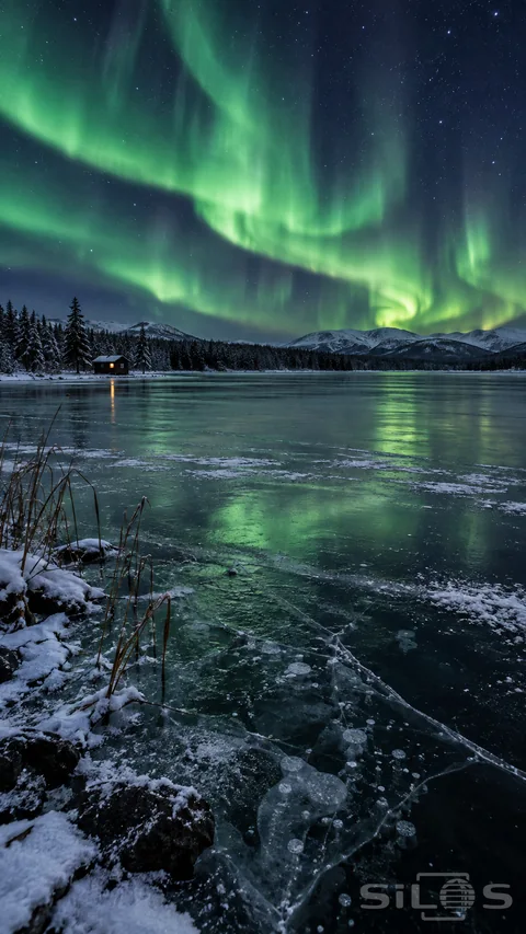Green northern lights hang above a frozen lake; a snow-covered timber hut and a spruce on the far shore.