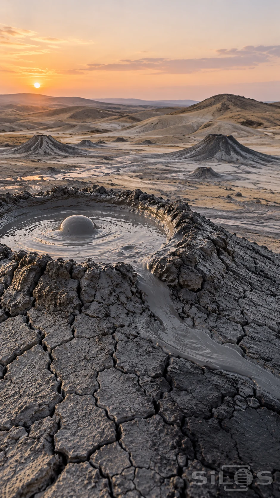 A mud volcano holds a smooth gray bubble within a cracked rim, with wet mud flowing down one side and low cones beyond.