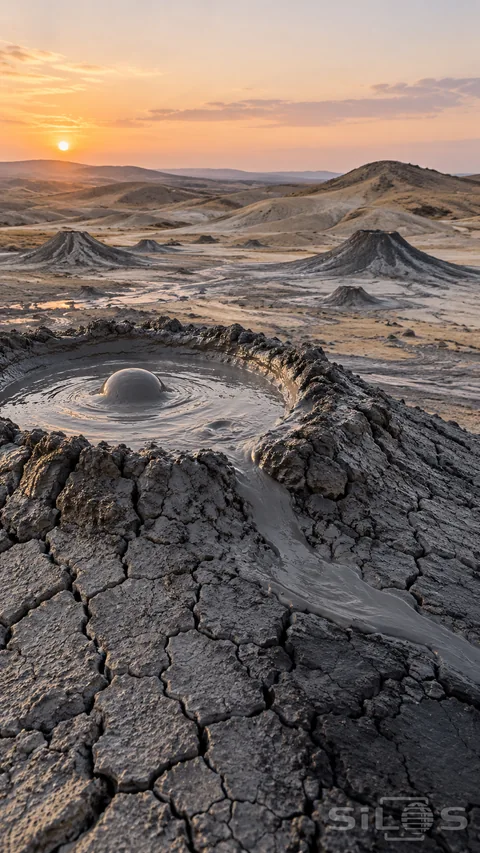 A mud volcano holds a smooth gray bubble within a cracked rim; with wet mud flowing down one side and low cones beyond.