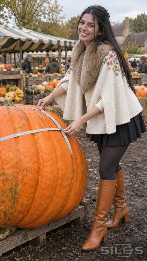 A woman in an ivory embroidered cape measures a giant orange pumpkin beside harvest crates.