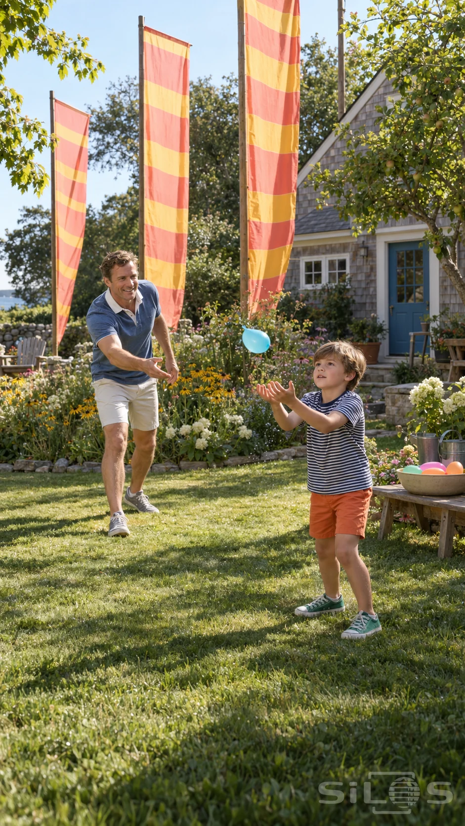 Water balloon catch between a father and son on a sunny lawn beneath coral and yellow striped fabric sails