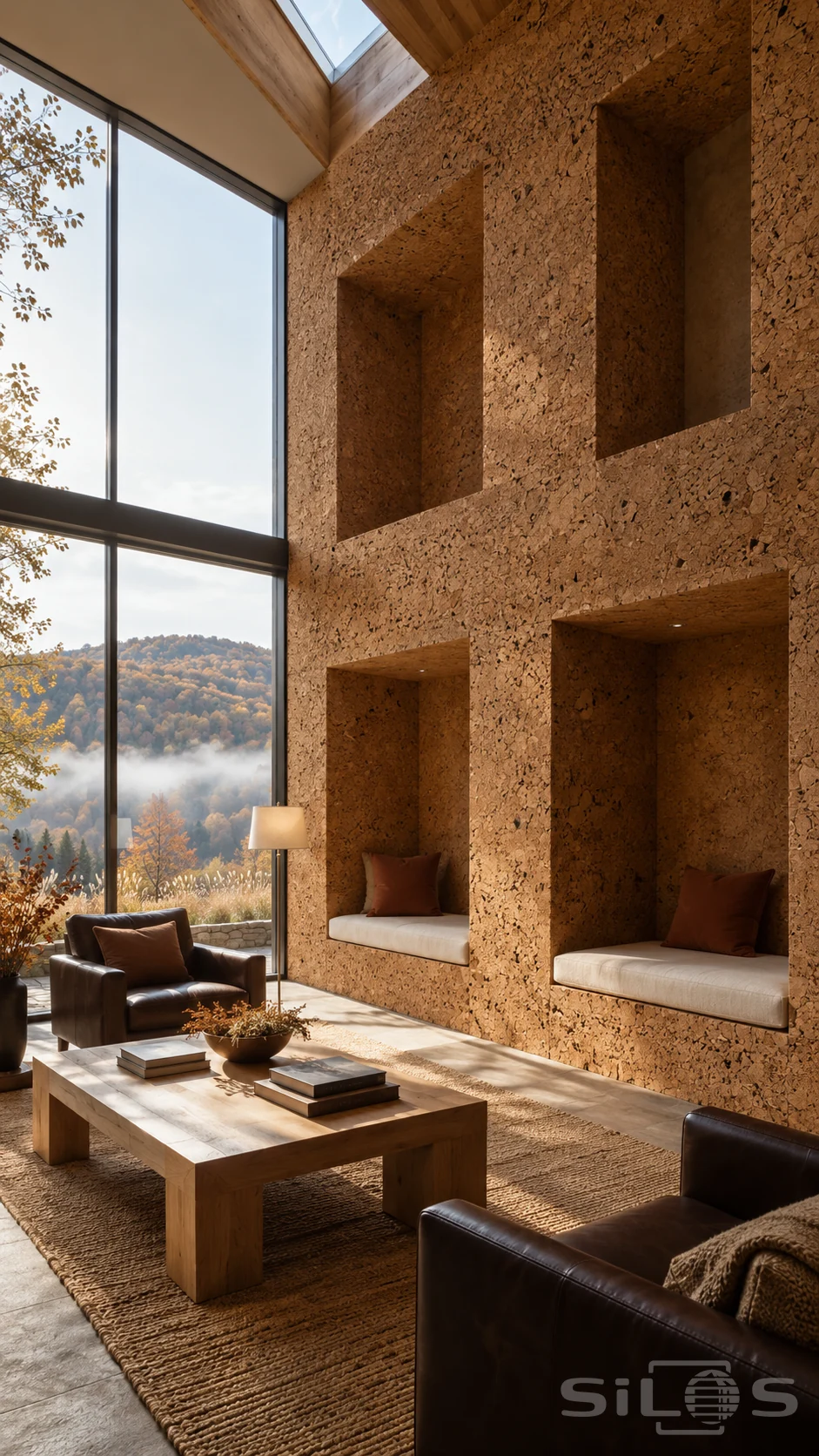 Tall textured cork walls with recessed bench seats and empty upper niches beside a window overlooking misty autumn hills.