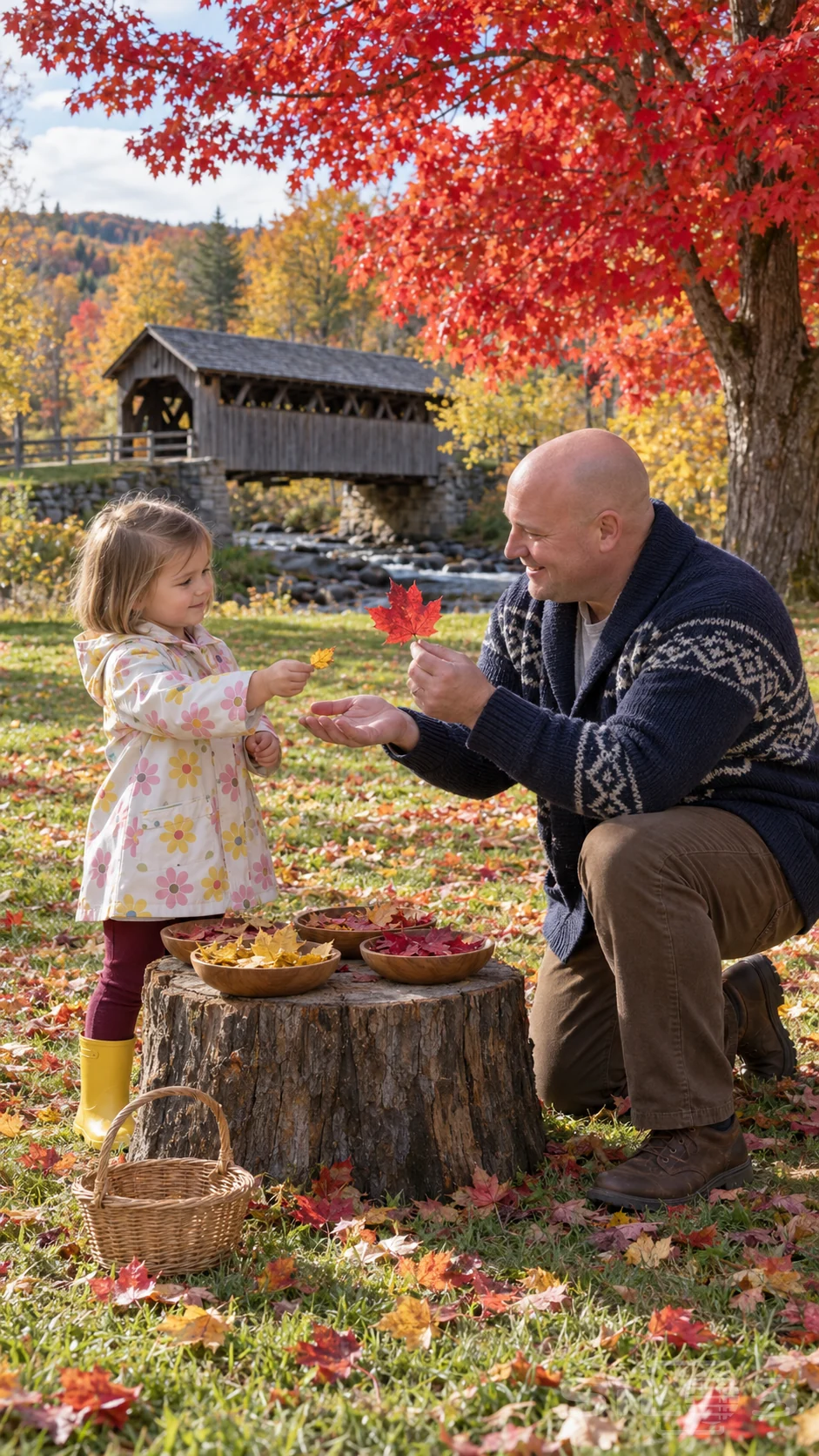 A toddler in a floral raincoat trades leaves with her kneeling father at a leaf stall near a covered bridge.