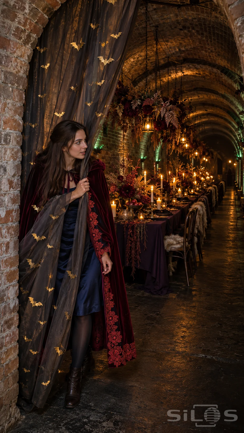 A woman in a burgundy velvet cape draws aside a gold bat curtain to reveal a supper table inside a brick tunnel.