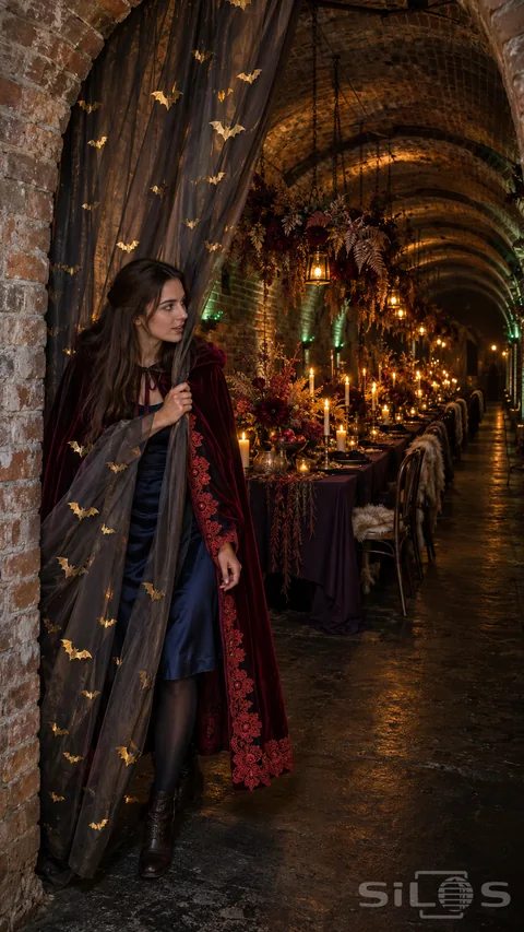A woman in a burgundy velvet cape draws aside a gold bat curtain to reveal a supper table inside a brick tunnel.