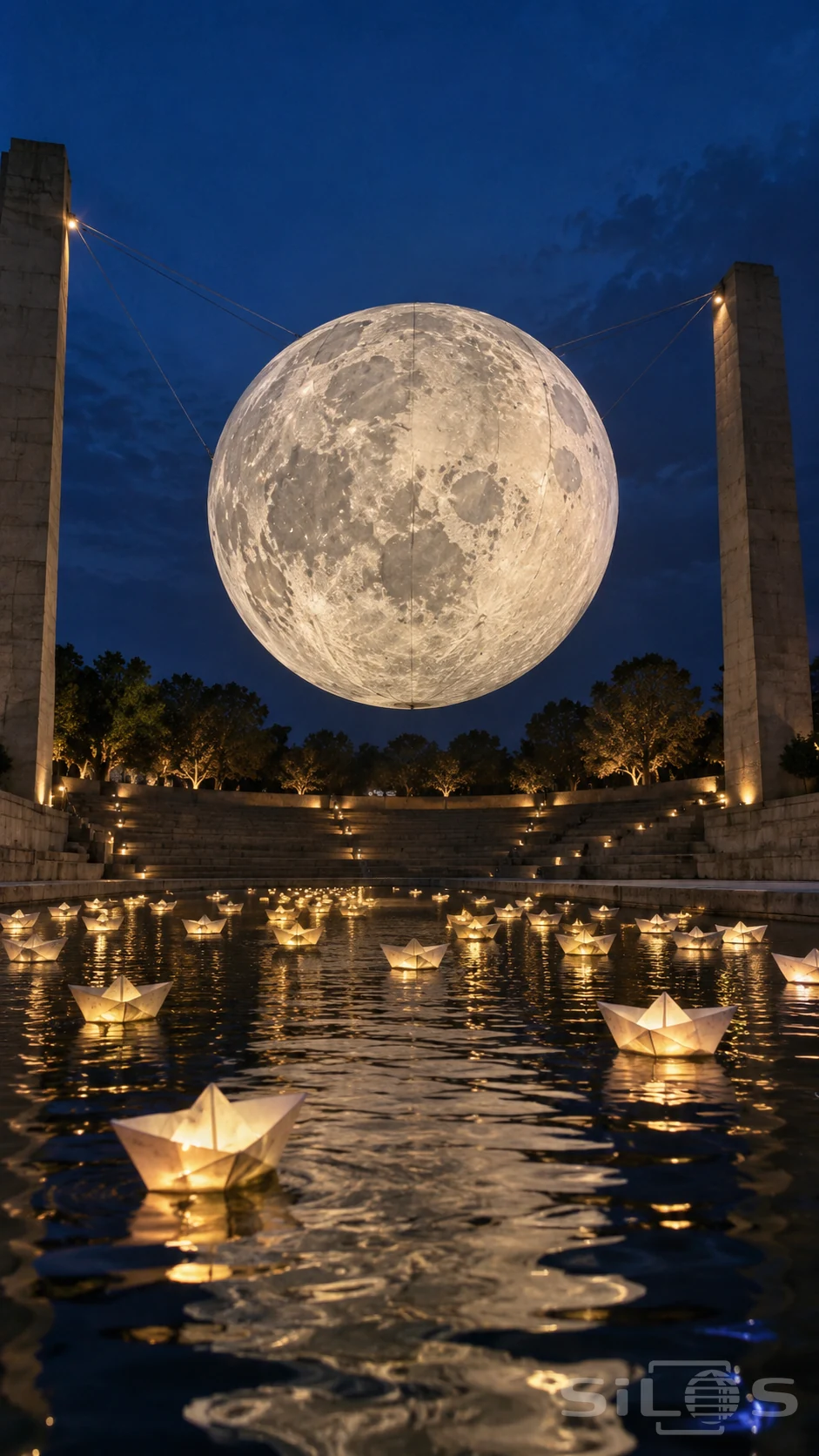Ivory lantern boats float on a dark water court beneath a huge glowing moon suspended between two stone pylons.