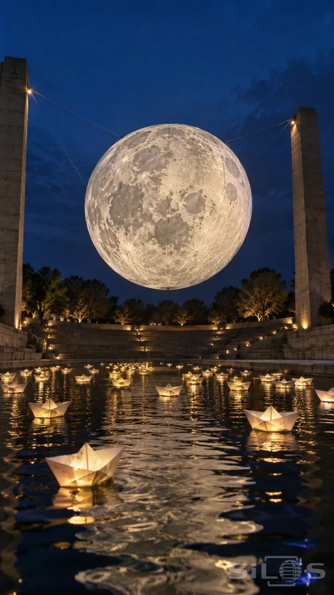Ivory lantern boats float on a dark water court beneath a huge glowing moon suspended between two stone pylons.