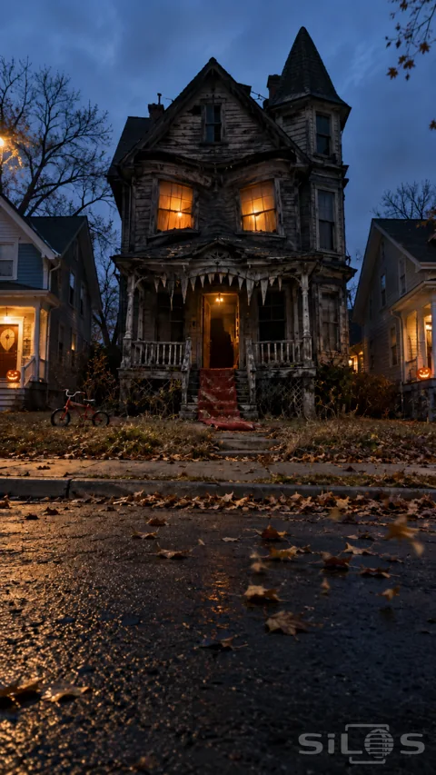 A dark Victorian house forms a face with amber windows and jagged porch boards above a faded red runner at blue dusk.