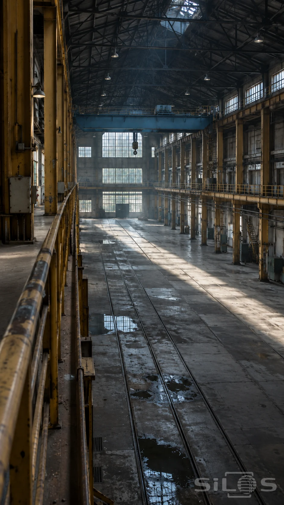 An empty industrial hall with a blue crane, yellow-railed steel galleries and daylight crossing the concrete floor.