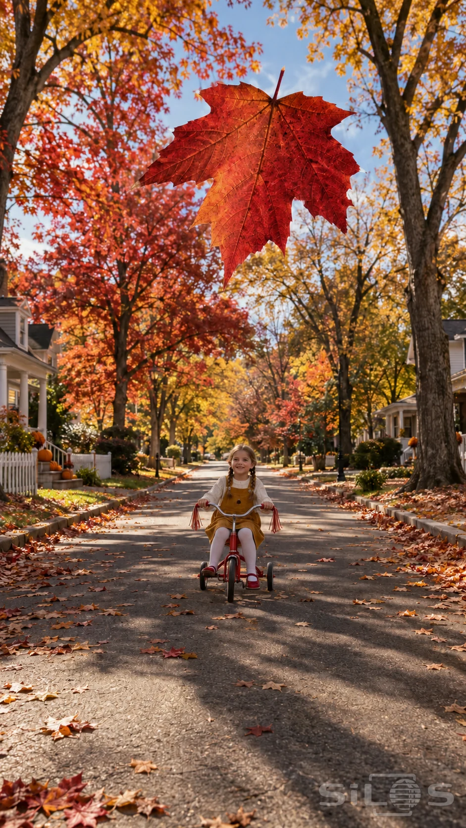 A crimson maple leaf fills the near sky above a small girl on a red tricycle in a sunny tree-lined autumn street.