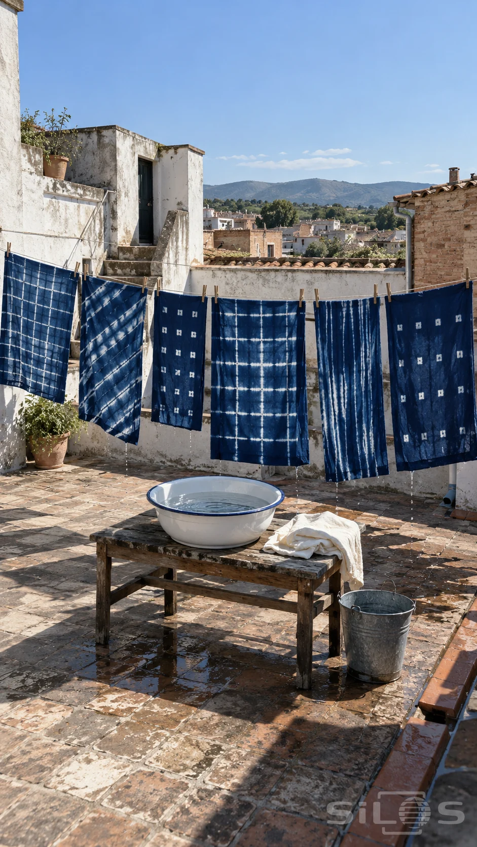 Indigo cloth drying from wooden pegs above a rooftop courtyard has white resist patterns and a rinsing bowl beneath it.