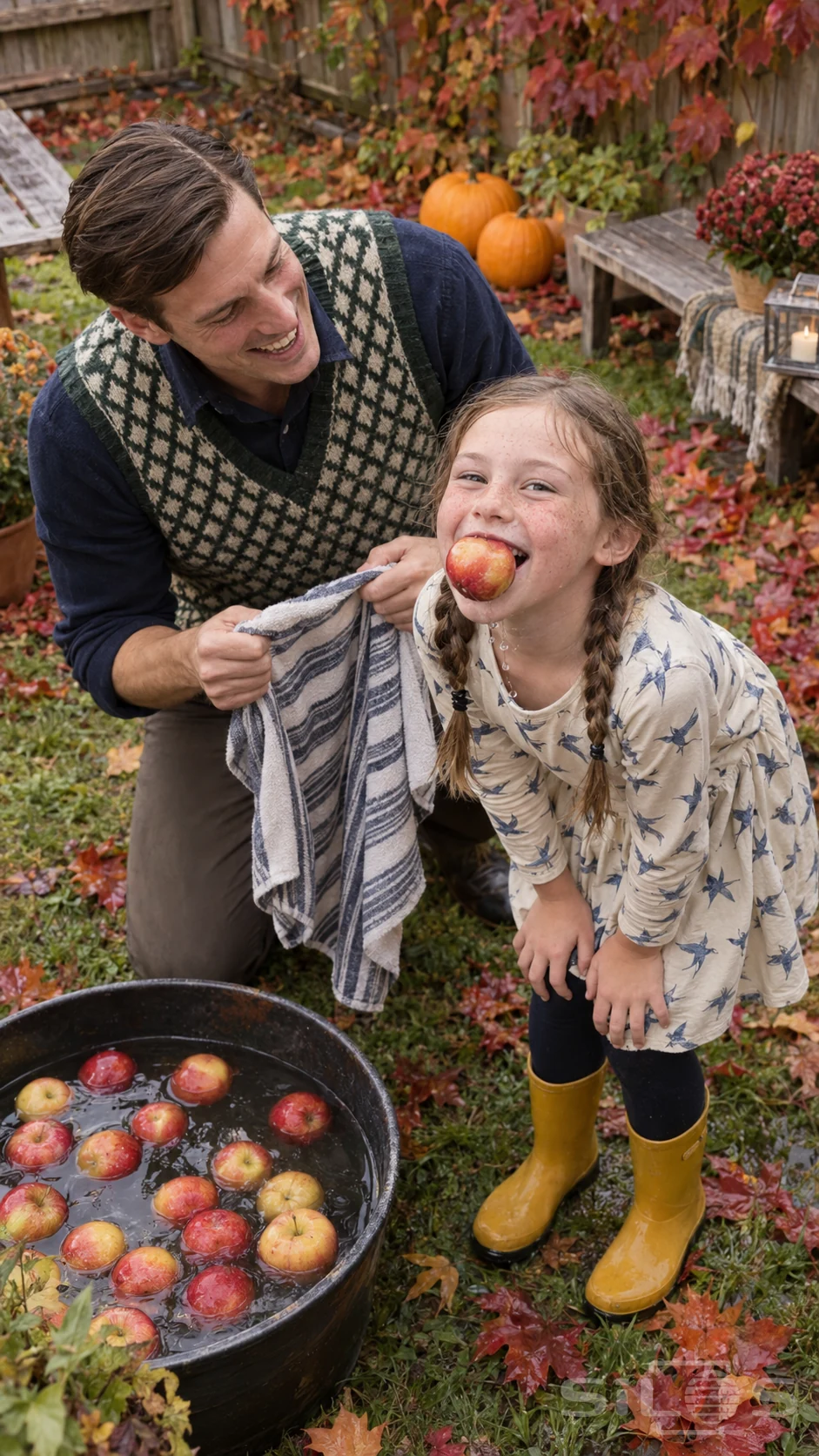 A daughter holds an apple by her teeth after apple bobbing while her smiling father opens a striped towel.