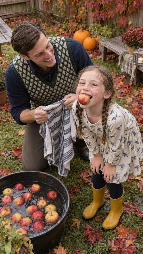 A daughter holds an apple by her teeth after apple bobbing while her smiling father opens a striped towel.