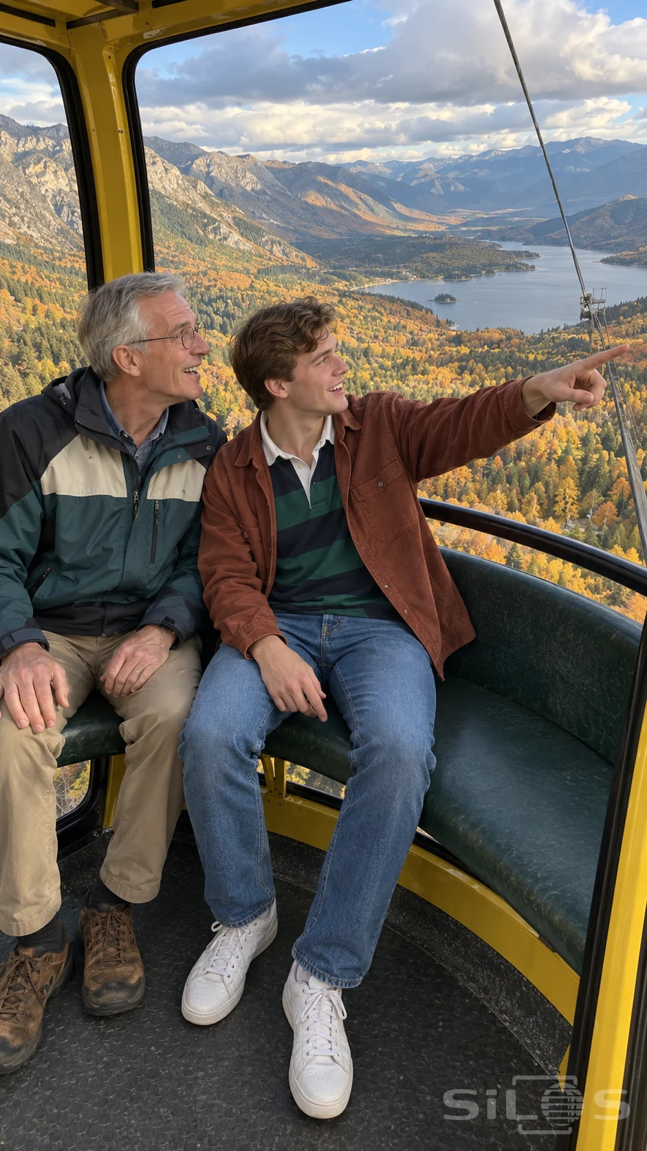 A father and adult son look through a gondola window toward a blue lake and autumn valley from a yellow cabin.