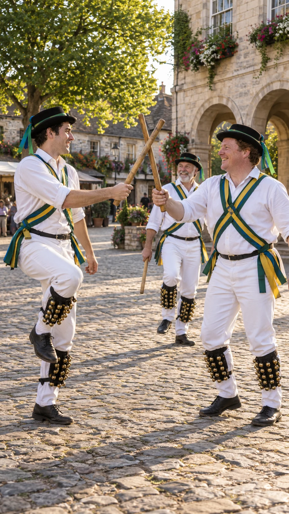 Three men perform a Morris stick dance in a village square with brass shin bells and ribboned black hats.