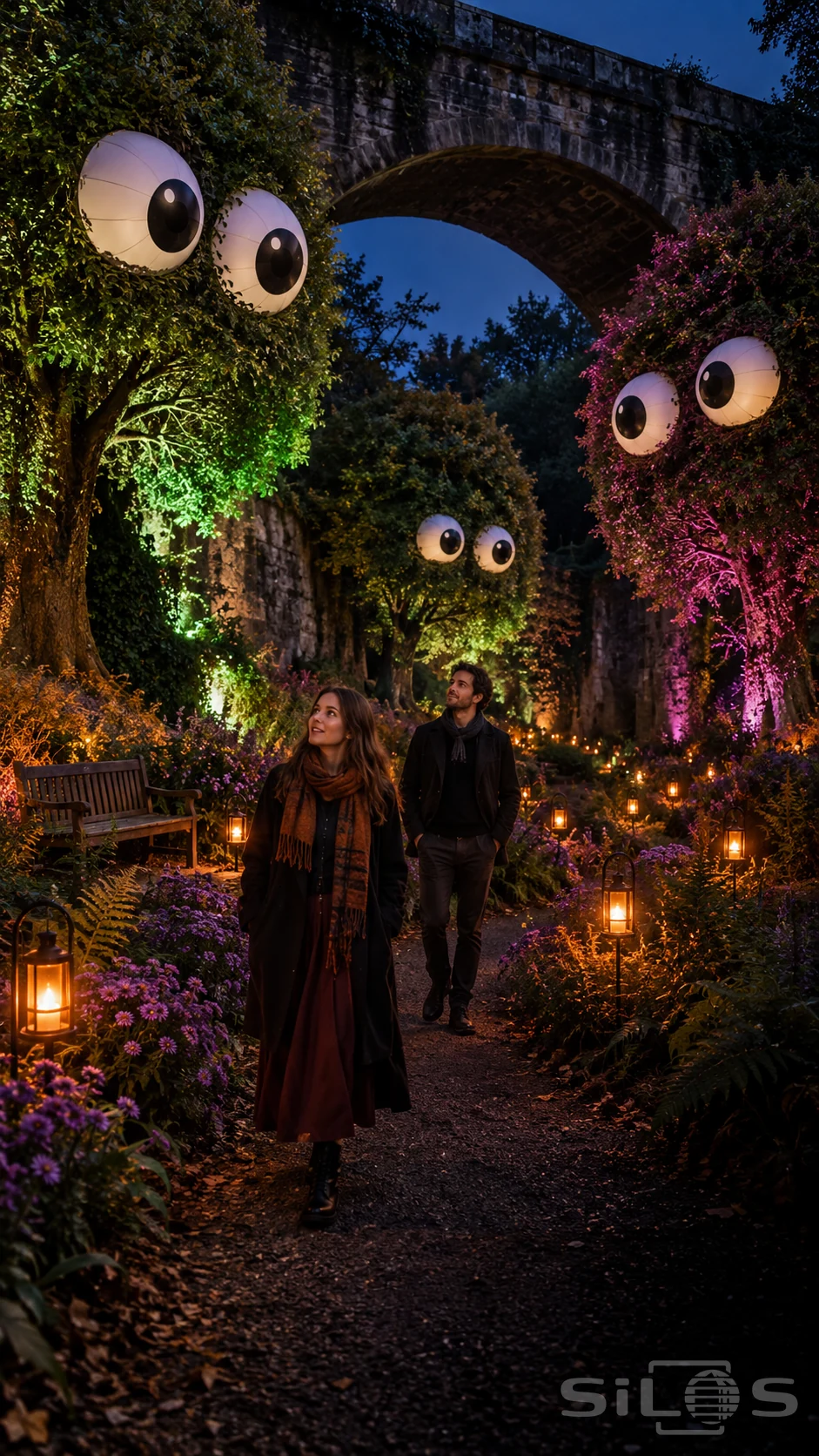 Two adults walk beneath giant eyes mounted in tree canopies along a lantern-lit path under a stone bridge.