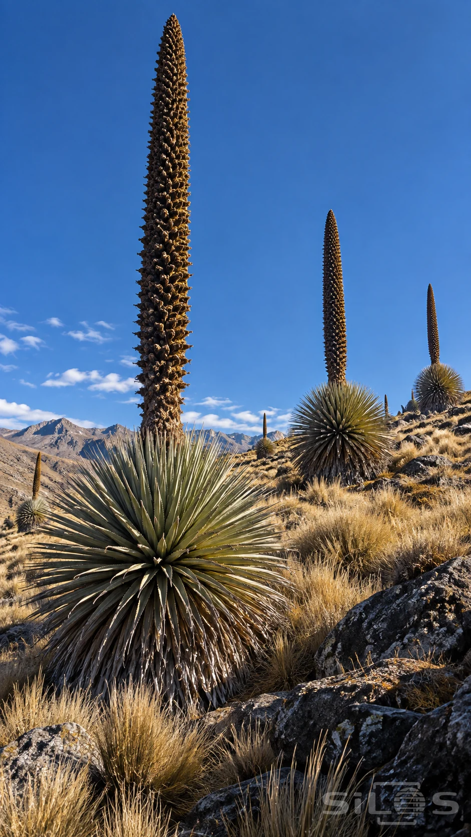 Tall puya spikes rise from large pointed leaf rosettes on a rocky slope covered in golden grass beneath a clear blue sky.