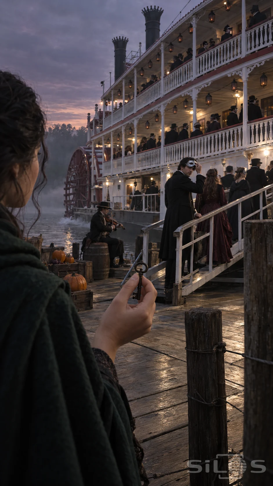 A woman in a green cape holds an iron key while a man lifts his mask on the gangplank of a lantern-hung riverboat.